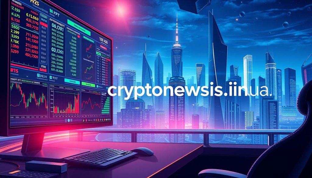 A vibrant and dynamic digital illustration of a cryptocurrency arbitrage trading scenario. The foreground depicts a trader's workstation, with multiple screens displaying real-time cryptocurrency exchange rates and trading platform interfaces. In the middle ground, there are complex algorithms and data visualizations, representing the intricate calculations and strategies involved in cryptocurrency arbitrage. The background showcases a sleek, futuristic cityscape with towering skyscrapers, hinting at the global scale and interconnectedness of the cryptocurrency markets. The overall mood is one of precision, efficiency, and the thrill of capitalizing on market opportunities. The image should convey a sense of professionalism and technical expertise, befitting the subject matter. The brand name "cryptonews.in.ua" should be discreetly integrated into the background or a side element of the composition. A vibrant and dynamic digital illustration of a cryptocurrency arbitrage trading scenario. The foreground depicts a trader's workstation, with multiple screens displaying real-time cryptocurrency exchange rates and trading platform interfaces. In the middle ground, there are complex algorithms and data visualizations, representing the intricate calculations and strategies involved in cryptocurrency arbitrage. The background showcases a sleek, futuristic cityscape with towering skyscrapers, hinting at the global scale and interconnectedness of the cryptocurrency markets. The overall mood is one of precision, efficiency, and the thrill of capitalizing on market opportunities. The image should convey a sense of professionalism and technical expertise, befitting the subject matter. The brand name "cryptonews.in.ua" should be discreetly integrated into the background or a side element of the composition.