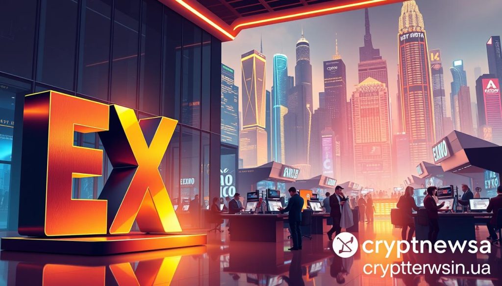 A vibrant and dynamic illustration of the EXMO cryptocurrency exchange platform, showcasing its rich history and evolution. In the foreground, the EXMO logo stands prominently, rendered in bold, metallic lettering against a backdrop of sleek, futuristic architecture. The middle ground features a bustling trading floor, with traders engaged in animated exchanges, surrounded by holographic displays and data visualizations. In the distance, a cityscape of towering skyscrapers and glowing neon signs creates a sense of technological progress and global connectivity. The scene is illuminated by warm, diffused lighting, conveying a sense of professionalism and reliability. Subtle branding elements, such as the "cryptonews.in.ua" watermark, add an air of authenticity to the image. A vibrant and dynamic illustration of the EXMO cryptocurrency exchange platform, showcasing its rich history and evolution. In the foreground, the EXMO logo stands prominently, rendered in bold, metallic lettering against a backdrop of sleek, futuristic architecture. The middle ground features a bustling trading floor, with traders engaged in animated exchanges, surrounded by holographic displays and data visualizations. In the distance, a cityscape of towering skyscrapers and glowing neon signs creates a sense of technological progress and global connectivity. The scene is illuminated by warm, diffused lighting, conveying a sense of professionalism and reliability. Subtle branding elements, such as the "cryptonews.in.ua" watermark, add an air of authenticity to the image.