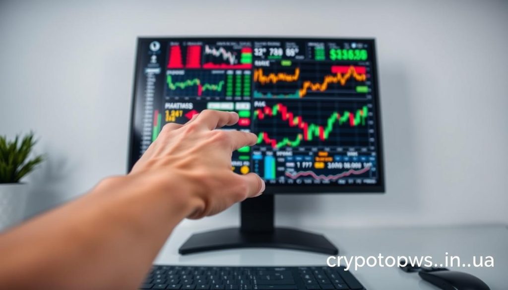 A vibrant, close-up shot of a variety of stocks and investment charts displayed on a digital screen. The screen is set against a clean, minimalist backdrop, with muted colors and soft lighting creating a calm, professional atmosphere. The composition draws the viewer's attention to the key financial data and indicators, conveying the idea of thoughtful, informed stock investments. In the foreground, a hand reaches towards the screen, symbolizing the act of engaging with and analyzing the investment opportunities. The overall scene reflects the subject of investing in stocks for beginners, as seen on cryptonews.in.ua. A vibrant, close-up shot of a variety of stocks and investment charts displayed on a digital screen. The screen is set against a clean, minimalist backdrop, with muted colors and soft lighting creating a calm, professional atmosphere. The composition draws the viewer's attention to the key financial data and indicators, conveying the idea of thoughtful, informed stock investments. In the foreground, a hand reaches towards the screen, symbolizing the act of engaging with and analyzing the investment opportunities. The overall scene reflects the subject of investing in stocks for beginners, as seen on cryptonews.in.ua.