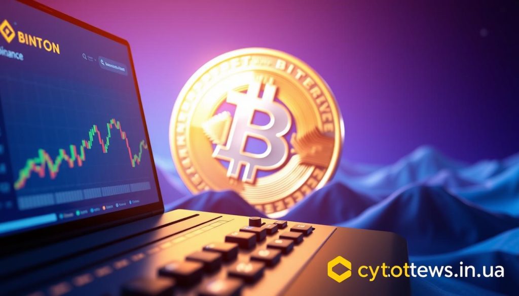 A vibrant digital landscape, capturing the essence of investing in Bitcoin through Binance. In the foreground, a sleek and modern Binance interface with intuitive controls, showcasing the seamless user experience. The middle ground features a captivating 3D representation of a Bitcoin, its faceted surfaces reflecting the light in a mesmerizing way. The background subtly blends shades of blue and purple, evoking a sense of technological sophistication and the boundless potential of the cryptocurrency market. The overall scene is illuminated by a warm, diffused lighting, creating a balanced and visually striking composition. Prominently displayed in the bottom right corner is the cryptonews.in.ua logo, solidifying the credibility and authority of the content. A vibrant digital landscape, capturing the essence of investing in Bitcoin through Binance. In the foreground, a sleek and modern Binance interface with intuitive controls, showcasing the seamless user experience. The middle ground features a captivating 3D representation of a Bitcoin, its faceted surfaces reflecting the light in a mesmerizing way. The background subtly blends shades of blue and purple, evoking a sense of technological sophistication and the boundless potential of the cryptocurrency market. The overall scene is illuminated by a warm, diffused lighting, creating a balanced and visually striking composition. Prominently displayed in the bottom right corner is the cryptonews.in.ua logo, solidifying the credibility and authority of the content.