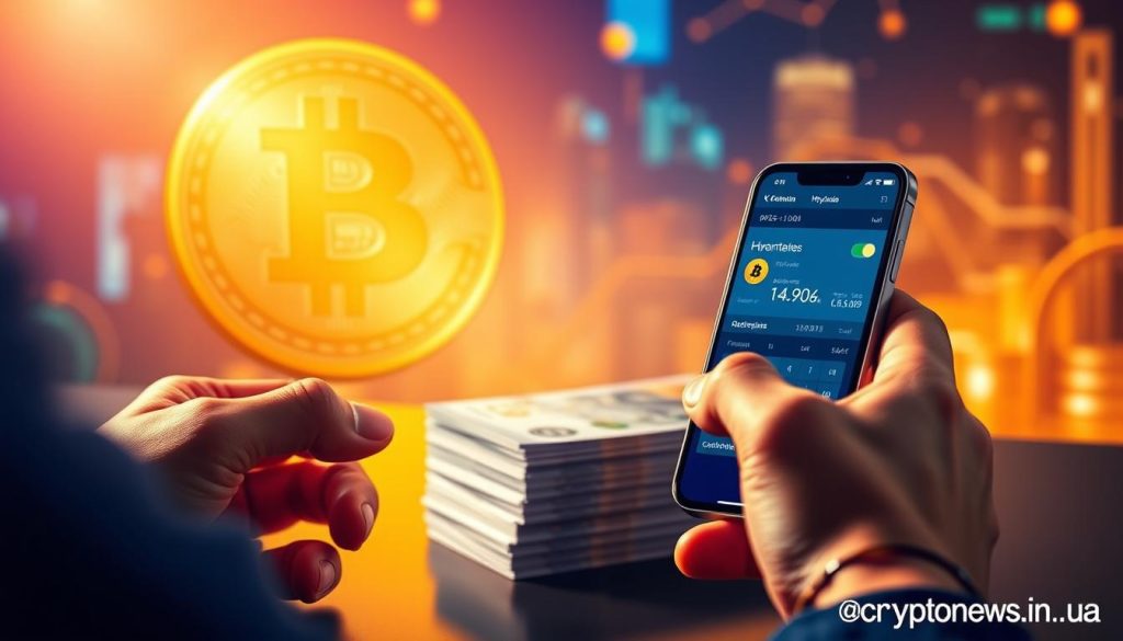 A vibrant digital scene depicting the purchase of Bitcoin using Ukrainian hryvnia (UAH) currency. In the foreground, a person's hands are interacting with a sleek smartphone, navigating a cryptocurrency exchange platform interface. The middle ground features a stack of banknotes, representing the hryvnia funds used for the transaction. In the background, a stylized Bitcoin symbol hovers, casting a warm glow over the scene. The overall mood is one of modern financial technology, blending the traditional and digital worlds. The image carries the branding "cryptonews.in.ua" to showcase its relevance to the article. A vibrant digital scene depicting the purchase of Bitcoin using Ukrainian hryvnia (UAH) currency. In the foreground, a person's hands are interacting with a sleek smartphone, navigating a cryptocurrency exchange platform interface. The middle ground features a stack of banknotes, representing the hryvnia funds used for the transaction. In the background, a stylized Bitcoin symbol hovers, casting a warm glow over the scene. The overall mood is one of modern financial technology, blending the traditional and digital worlds. The image carries the branding "cryptonews.in.ua" to showcase its relevance to the article.