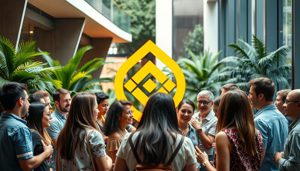 A vibrant, diverse community of Binance cryptocurrency enthusiasts and traders, gathered in a warm, welcoming setting. The foreground features a group of people engaged in lively discussions, sharing insights and experiences. In the middle ground, a large Binance logo serves as the focal point, reflecting the platform's central role in this community. The background showcases a blend of sleek, modern architecture and lush greenery, creating a sense of balance and connection between the digital and natural worlds. Soft, directional lighting casts a gentle glow, highlighting the collaborative and supportive atmosphere. The overall scene conveys a sense of camaraderie, knowledge-sharing, and a shared passion for the Binance ecosystem. Cryptonews.in.ua A vibrant, diverse community of Binance cryptocurrency enthusiasts and traders, gathered in a warm, welcoming setting. The foreground features a group of people engaged in lively discussions, sharing insights and experiences. In the middle ground, a large Binance logo serves as the focal point, reflecting the platform's central role in this community. The background showcases a blend of sleek, modern architecture and lush greenery, creating a sense of balance and connection between the digital and natural worlds. Soft, directional lighting casts a gentle glow, highlighting the collaborative and supportive atmosphere. The overall scene conveys a sense of camaraderie, knowledge-sharing, and a shared passion for the Binance ecosystem. Cryptonews.in.ua