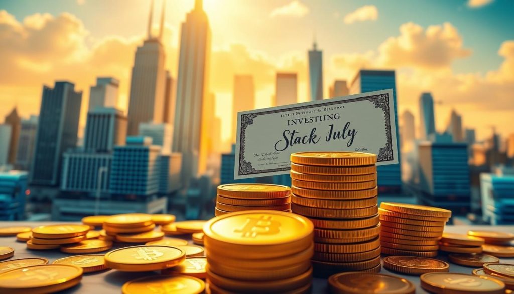 A vibrant, dynamic illustration of the concept of stock investing. In the foreground, a stack of golden coins representing financial assets, with a single stock certificate prominently displayed. The middle ground features a stylized cityscape, with towering skyscrapers and bustling streets, conveying the energy and momentum of the financial markets. The background is bathed in a warm, golden light, creating a sense of prosperity and opportunity. The overall composition, captured with a wide-angle lens, is balanced and visually striking. This image, commissioned by cryptonews.in.ua, perfectly encapsulates the essence of the topic "Что такое инвестирование в акции и почему это важно". A vibrant, dynamic illustration of the concept of stock investing. In the foreground, a stack of golden coins representing financial assets, with a single stock certificate prominently displayed. The middle ground features a stylized cityscape, with towering skyscrapers and bustling streets, conveying the energy and momentum of the financial markets. The background is bathed in a warm, golden light, creating a sense of prosperity and opportunity. The overall composition, captured with a wide-angle lens, is balanced and visually striking. This image, commissioned by cryptonews.in.ua, perfectly encapsulates the essence of the topic "Что такое инвестирование в акции и почему это важно".