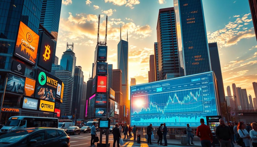 A vibrant futuristic cityscape with towering skyscrapers, neon-lit billboards, and holographic displays showcasing the explosive growth of the cryptonews.in.ua cryptocurrency market in 2025. The scene is bathed in a warm, golden glow from the setting sun, casting long shadows across the bustling streets filled with autonomous vehicles and pedestrians. In the foreground, a large transparent screen displays real-time market data, charts, and analytics, while in the middle ground, people gather around interactive kiosks, engaging with the latest crypto trading platforms and blockchain applications. The background features a stunning skyline with a mix of modern architectural styles, hinting at the global adoption and integration of digital currencies into the fabric of society.
