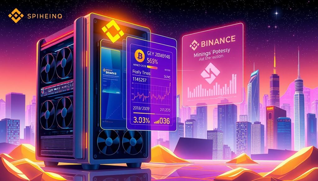 A vibrant, high-resolution digital illustration depicting the process of cryptocurrency mining on the Binance platform. The foreground shows a sleek, state-of-the-art mining rig with multiple GPU units, cooling fans, and LED indicators. The middle ground features a holographic display showing real-time mining statistics, cryptocurrency exchange rates, and Binance platform integration. The background showcases a futuristic cityscape with towering skyscrapers, glowing neon lights, and a starry night sky. The overall scene conveys a sense of technological innovation, financial empowerment, and the cutting edge of the digital currency revolution. Cryptonews.in.ua A vibrant, high-resolution digital illustration depicting the process of cryptocurrency mining on the Binance platform. The foreground shows a sleek, state-of-the-art mining rig with multiple GPU units, cooling fans, and LED indicators. The middle ground features a holographic display showing real-time mining statistics, cryptocurrency exchange rates, and Binance platform integration. The background showcases a futuristic cityscape with towering skyscrapers, glowing neon lights, and a starry night sky. The overall scene conveys a sense of technological innovation, financial empowerment, and the cutting edge of the digital currency revolution. Cryptonews.in.ua