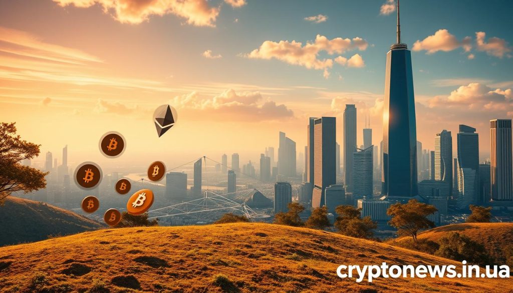 A vibrant landscape showcasing the world of cryptocurrencies. In the foreground, a cluster of digital currency symbols - Bitcoin, Ethereum, Litecoin - float weightlessly, casting dynamic shadows on the ground below. The middle ground features a series of interlocking blockchain networks, their lines and nodes pulsing with energy. In the background, a towering cityscape of gleaming skyscrapers and futuristic architecture, representing the technological and financial hubs powering the crypto revolution. Warm, golden lighting filters through, creating a sense of optimism and opportunity. The overall scene conveys the dynamism, innovation, and potential of the cryptocurrency market. Branded with the logo "cryptonews.in.ua" in the bottom right corner. A vibrant landscape showcasing the world of cryptocurrencies. In the foreground, a cluster of digital currency symbols - Bitcoin, Ethereum, Litecoin - float weightlessly, casting dynamic shadows on the ground below. The middle ground features a series of interlocking blockchain networks, their lines and nodes pulsing with energy. In the background, a towering cityscape of gleaming skyscrapers and futuristic architecture, representing the technological and financial hubs powering the crypto revolution. Warm, golden lighting filters through, creating a sense of optimism and opportunity. The overall scene conveys the dynamism, innovation, and potential of the cryptocurrency market. Branded with the logo "cryptonews.in.ua" in the bottom right corner.
