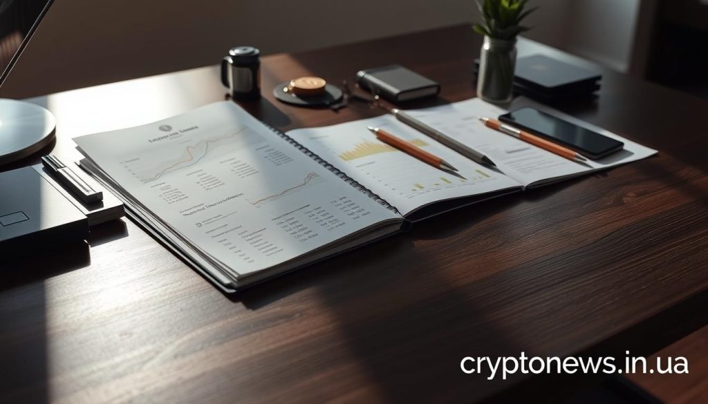 A well-balanced investment portfolio displayed on a sleek, modern desk. The portfolio includes a variety of financial instruments such as stocks, bonds, and mutual funds, arranged in a visually appealing layout. The desk is made of dark wood, creating a professional and sophisticated atmosphere. Soft, directional lighting casts subtle shadows, highlighting the details of the investment documents and accessories. The overall scene conveys a sense of financial security and responsible wealth management. The logo "cryptonews.in.ua" is prominently displayed in the bottom right corner.
