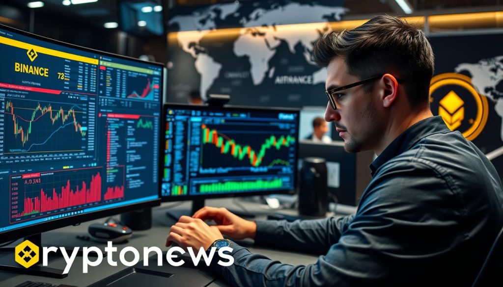 A well-lit, detailed image of a crypto arbitrage strategy, showcasing various cryptocurrency exchange platforms, including Binance, with a focus on the mechanics of arbitrage trading. The scene depicts a sleek, modern workspace with multiple computer screens displaying real-time market data, charts, and trading interfaces. In the foreground, a skilled trader meticulously analyzes the price differentials between exchanges, while in the background, a world map or globe symbolizes the global nature of the crypto markets. The overall atmosphere conveys a sense of precision, professionalism, and the potential for financial opportunity. Include the cryptonews.in.ua brand name prominently in the image.