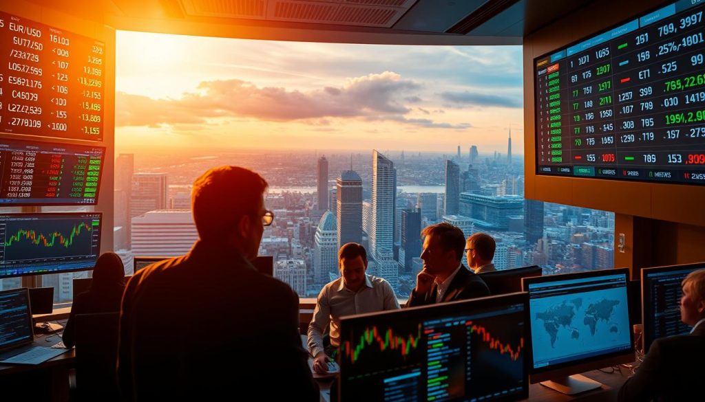 A wide-angle shot of the global currency exchange market, with major currency pairs like EUR/USD, GBP/JPY, and AUD/CAD displayed on digital trading screens. The scene is illuminated by a warm, golden glow, creating a sense of dynamic energy and financial opportunity. In the foreground, a cryptonews.in.ua branded dashboard showcases real-time data and analytics, providing valuable insights for savvy investors. The middle ground features a team of brokers and analysts intently monitoring the market, their expressions a mix of focus and anticipation. In the background, a panoramic view of the cityscape, underscoring the global nature of the investment landscape. A wide-angle shot of the global currency exchange market, with major currency pairs like EUR/USD, GBP/JPY, and AUD/CAD displayed on digital trading screens. The scene is illuminated by a warm, golden glow, creating a sense of dynamic energy and financial opportunity. In the foreground, a cryptonews.in.ua branded dashboard showcases real-time data and analytics, providing valuable insights for savvy investors. The middle ground features a team of brokers and analysts intently monitoring the market, their expressions a mix of focus and anticipation. In the background, a panoramic view of the cityscape, underscoring the global nature of the investment landscape.