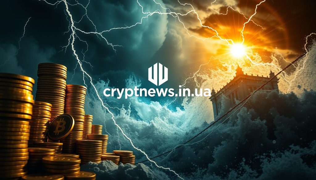 Aggressive investments: a dramatic scene of a raging financial storm. Towering stacks of gold coins, lightning-like stock charts, and a whirlwind of digital currency symbols swirling in the chaotic atmosphere. Looming in the background, the iconic "cryptonews.in.ua" logo serves as a beacon amidst the turbulence. Dramatic chiaroscuro lighting casts deep shadows, emphasizing the high-stakes nature of these risky financial maneuvers. The composition conveys a sense of urgency, power, and potential for both great reward and peril. This image encapsulates the essence of the "Aggressive Investments" section of the article on the growth of investments in Ukraine.