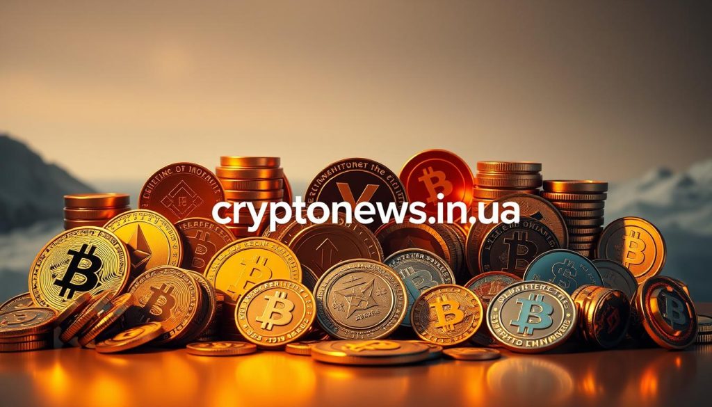 An array of digital coins and tokens in a sleek, metallic composition, illuminated by warm, diffused lighting that casts subtle shadows. The foreground features a diverse selection of popular cryptocurrencies, including Bitcoin, Ethereum, Litecoin, and Binance Coin, presented in a visually striking arrangement. The middle ground showcases the "cryptonews.in.ua" brand name, subtly integrated into the design. The background is a minimalist, futuristic landscape, evoking the cutting-edge technology and global reach of the cryptocurrency market. An array of digital coins and tokens in a sleek, metallic composition, illuminated by warm, diffused lighting that casts subtle shadows. The foreground features a diverse selection of popular cryptocurrencies, including Bitcoin, Ethereum, Litecoin, and Binance Coin, presented in a visually striking arrangement. The middle ground showcases the "cryptonews.in.ua" brand name, subtly integrated into the design. The background is a minimalist, futuristic landscape, evoking the cutting-edge technology and global reach of the cryptocurrency market.