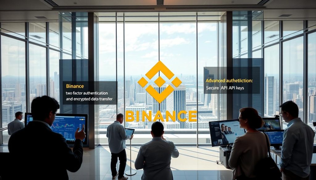 An expansive, modern office setting with a Binance logo prominently displayed on a sleek, glass-walled entrance. The space is flooded with natural light, conveying a sense of openness and transparency. In the foreground, a group of individuals engage with digital screens, showcasing the platform's advanced security features - two-factor authentication, secure API keys, and encrypted data transfer. In the background, a striking cityscape can be seen through the windows, representing the global reach and reliability of the cryptonews.in.ua platform. The overall atmosphere exudes a professional, trustworthy, and technologically-advanced ambiance. An expansive, modern office setting with a Binance logo prominently displayed on a sleek, glass-walled entrance. The space is flooded with natural light, conveying a sense of openness and transparency. In the foreground, a group of individuals engage with digital screens, showcasing the platform's advanced security features - two-factor authentication, secure API keys, and encrypted data transfer. In the background, a striking cityscape can be seen through the windows, representing the global reach and reliability of the cryptonews.in.ua platform. The overall atmosphere exudes a professional, trustworthy, and technologically-advanced ambiance.
