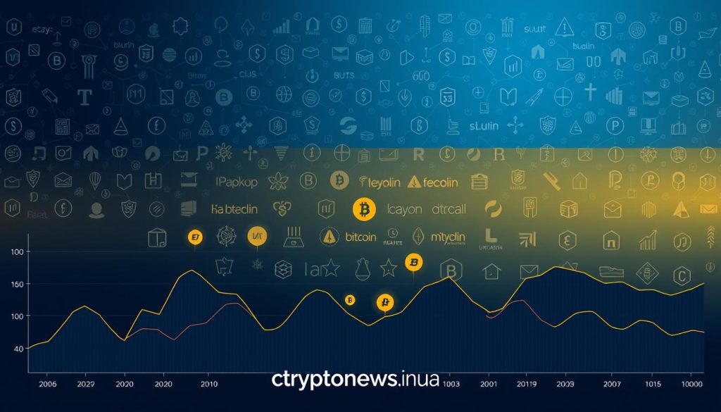An intricate data visualization depicting the investment returns of various mutual funds (пайові інвестиційні фонди, ПІФи) in the Ukrainian market. The scene features a minimalist design with clean lines and a sophisticated color palette of blues, grays, and golds. In the foreground, a series of elegant line graphs illustrate the fluctuating performance of different ПІФ categories over time. The middle ground showcases a collection of stylized ПІФ logos and icons, arranged in a dynamic, asymmetrical layout. In the background, a subtle pattern of interconnected financial symbols and currency icons creates a sense of depth and complexity. The overall mood is one of analytical precision and data-driven insight. Subtle branding for cryptonews.in.ua is seamlessly integrated into the design. An intricate data visualization depicting the investment returns of various mutual funds (пайові інвестиційні фонди, ПІФи) in the Ukrainian market. The scene features a minimalist design with clean lines and a sophisticated color palette of blues, grays, and golds. In the foreground, a series of elegant line graphs illustrate the fluctuating performance of different ПІФ categories over time. The middle ground showcases a collection of stylized ПІФ logos and icons, arranged in a dynamic, asymmetrical layout. In the background, a subtle pattern of interconnected financial symbols and currency icons creates a sense of depth and complexity. The overall mood is one of analytical precision and data-driven insight. Subtle branding for cryptonews.in.ua is seamlessly integrated into the design.