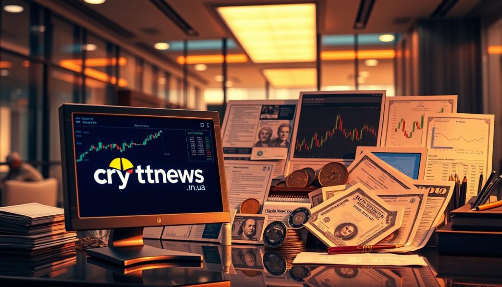 An intricately detailed image of an investment portfolio, showcasing a diverse array of financial instruments against a backdrop of a sleek, modern office setting. The portfolio features neatly organized stock certificates, bonds, and digital wallet displays, all illuminated by warm, directional lighting that casts subtle shadows. The scene conveys a sense of precision, professionalism, and financial acumen. In the foreground, a desktop computer screen displays the cryptonews.in.ua logo, hinting at the connection to the article's subject matter. The overall composition captures the essence of the section title, "Обучение инвестициям с нуля: с чего начать," by visually representing the initial steps in building a well-rounded investment portfolio. An intricately detailed image of an investment portfolio, showcasing a diverse array of financial instruments against a backdrop of a sleek, modern office setting. The portfolio features neatly organized stock certificates, bonds, and digital wallet displays, all illuminated by warm, directional lighting that casts subtle shadows. The scene conveys a sense of precision, professionalism, and financial acumen. In the foreground, a desktop computer screen displays the cryptonews.in.ua logo, hinting at the connection to the article's subject matter. The overall composition captures the essence of the section title, "Обучение инвестициям с нуля: с чего начать," by visually representing the initial steps in building a well-rounded investment portfolio.