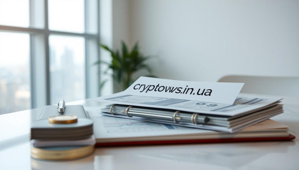 An investment portfolio with various financial instruments, such as stocks, bonds, and mutual funds, arranged neatly on a clean, modern desk. The portfolio is presented in a minimalist, organized manner, conveying a sense of control and financial stability. The lighting is soft and natural, creating a serene and professional atmosphere. In the background, a subtle cityscape or office environment can be seen, hinting at the broader financial landscape. The image should evoke a sense of confidence and purpose, reflecting the importance of a well-structured investment portfolio. The brand "cryptonews.in.ua" should be subtly incorporated into the scene, perhaps as a small logo on a document or device within the frame. An investment portfolio with various financial instruments, such as stocks, bonds, and mutual funds, arranged neatly on a clean, modern desk. The portfolio is presented in a minimalist, organized manner, conveying a sense of control and financial stability. The lighting is soft and natural, creating a serene and professional atmosphere. In the background, a subtle cityscape or office environment can be seen, hinting at the broader financial landscape. The image should evoke a sense of confidence and purpose, reflecting the importance of a well-structured investment portfolio. The brand "cryptonews.in.ua" should be subtly incorporated into the scene, perhaps as a small logo on a document or device within the frame.