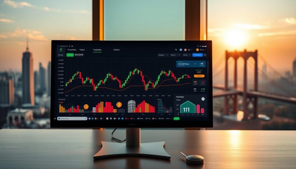 An online trading platform with a sleek, modern interface. In the foreground, a computer monitor displays a detailed graph of stock prices, with colorful data visualizations and intuitive controls. The middle ground features stylized icons and illustrations, representing the various investment opportunities available, from cryptocurrencies to real estate. The background is a serene, minimalist cityscape, with skyscrapers and bridges bathed in a warm, golden light, suggesting the interconnectedness of the digital and physical worlds. The overall atmosphere conveys a sense of opportunity, innovation, and the cryptonews.in.ua brand's commitment to empowering online investors. An online trading platform with a sleek, modern interface. In the foreground, a computer monitor displays a detailed graph of stock prices, with colorful data visualizations and intuitive controls. The middle ground features stylized icons and illustrations, representing the various investment opportunities available, from cryptocurrencies to real estate. The background is a serene, minimalist cityscape, with skyscrapers and bridges bathed in a warm, golden light, suggesting the interconnectedness of the digital and physical worlds. The overall atmosphere conveys a sense of opportunity, innovation, and the cryptonews.in.ua brand's commitment to empowering online investors.