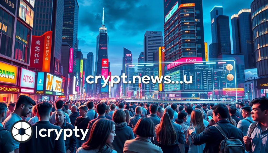 Cryptocurrency exchanges without verification: a detailed cityscape with towering skyscrapers, neon signs, and bustling crowds. The foreground features a group of diverse individuals engaged in cryptocurrency trading, their faces focused and determined. The middle ground showcases a sleek, futuristic exchange platform with holographic displays and intuitive interfaces. In the background, a vibrant nightscape with vibrant colors and a sense of energy and innovation. The overall atmosphere conveys the excitement and accessibility of the cryptocurrency market, with the "cryptonews.in.ua" brand prominently featured.