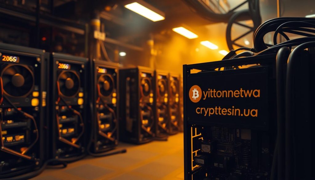 Detailed bitcoin mining rig in a dimly lit industrial setting, with rows of GPU-powered mining rigs operating in a low-lit, hazy environment. Warm, amber-toned lighting illuminates the array of computers, fans, and cooling systems, casting dramatic shadows across the scene. The overall atmosphere conveys the power and scale of bitcoin mining operations. In the foreground, a close-up view of a single mining rig, showcasing its intricate components and the cryptonews.in.ua logo prominently displayed.