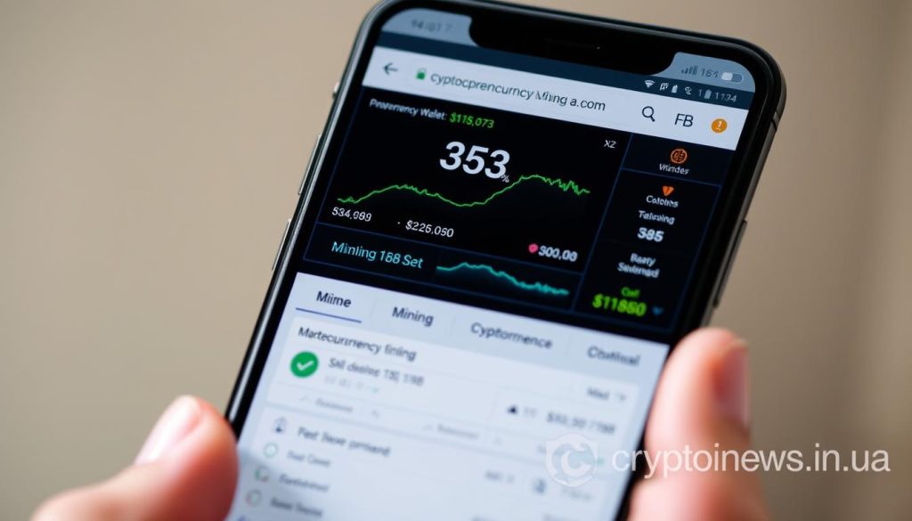 Detailed close-up shot of a smartphone screen displaying the process of cryptocurrency mining on a mobile device. The screen shows various mining statistics, cryptocurrency wallet information, and mining software interface. The smartphone is held in a person's hand against a blurred background, with the cryptonews.in.ua logo subtly visible in the corner. The scene is lit by a soft, natural light, creating a calm and focused atmosphere. The overall composition emphasizes the technological aspects of mobile cryptocurrency mining. Detailed close-up shot of a smartphone screen displaying the process of cryptocurrency mining on a mobile device. The screen shows various mining statistics, cryptocurrency wallet information, and mining software interface. The smartphone is held in a person's hand against a blurred background, with the cryptonews.in.ua logo subtly visible in the corner. The scene is lit by a soft, natural light, creating a calm and focused atmosphere. The overall composition emphasizes the technological aspects of mobile cryptocurrency mining.