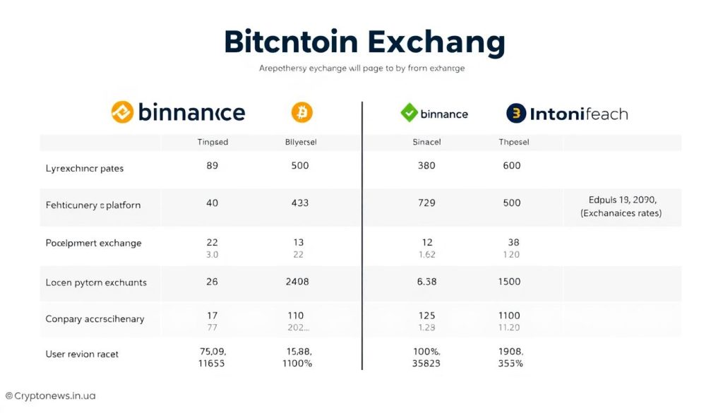 Detailed comparison of popular cryptocurrency exchange platforms, showcasing their key features, exchange rates, and user reviews. A sleek, modern illustration with a clean, minimalist design. Set against a soft, muted background, the main focus is on the exchange platform logos and performance metrics, presented in a visually appealing and informative manner. The overall tone is professional and trustworthy, reflecting the authoritative nature of the article on "Binance Bitcoin Exchange". Cryptonews.in.ua Detailed comparison of popular cryptocurrency exchange platforms, showcasing their key features, exchange rates, and user reviews. A sleek, modern illustration with a clean, minimalist design. Set against a soft, muted background, the main focus is on the exchange platform logos and performance metrics, presented in a visually appealing and informative manner. The overall tone is professional and trustworthy, reflecting the authoritative nature of the article on "Binance Bitcoin Exchange". Cryptonews.in.ua