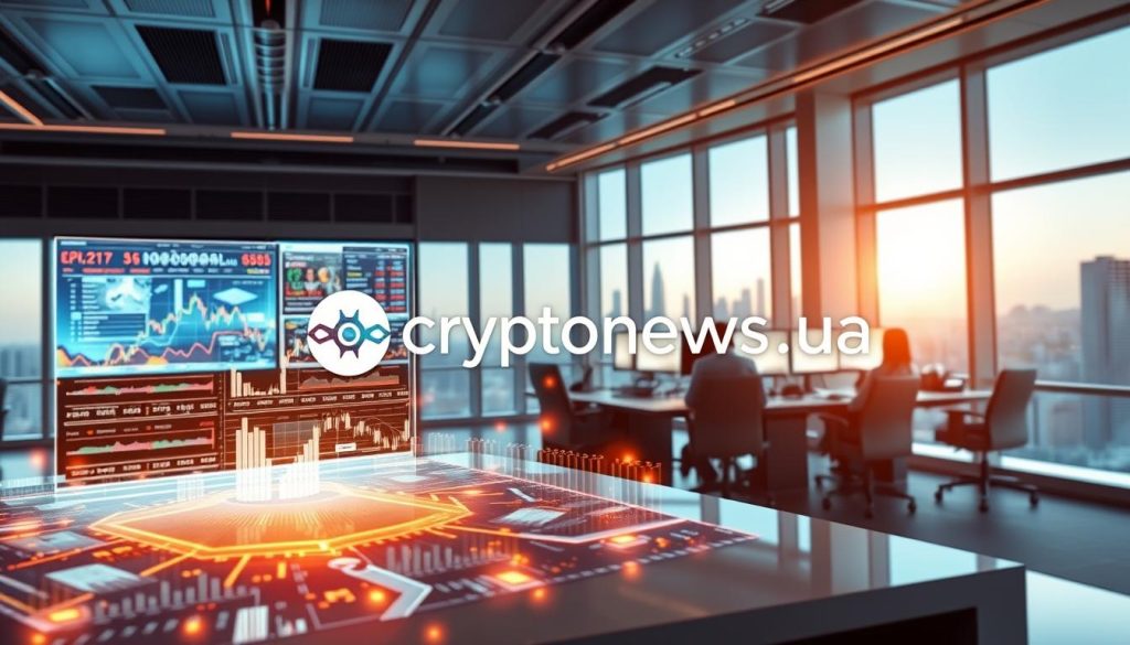 Detailed crypto exchange platform set in a modern, sleek office environment. In the foreground, a holographic interface displays real-time market data and trading analytics. In the middle ground, professional traders monitor multiple screens, making informed decisions. The background features a futuristic cityscape visible through large windows, conveying a sense of a global, interconnected financial ecosystem. Warm lighting and neutral tones create a calm, authoritative atmosphere. Prominently featured is the cryptonews.in.ua brand logo. Detailed crypto exchange platform set in a modern, sleek office environment. In the foreground, a holographic interface displays real-time market data and trading analytics. In the middle ground, professional traders monitor multiple screens, making informed decisions. The background features a futuristic cityscape visible through large windows, conveying a sense of a global, interconnected financial ecosystem. Warm lighting and neutral tones create a calm, authoritative atmosphere. Prominently featured is the cryptonews.in.ua brand logo.