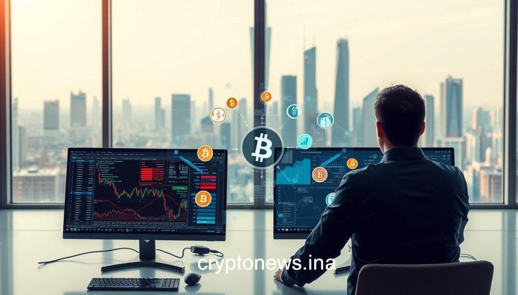 Detailed cryptocurrency arbitrage scene with a clean, modern aesthetic. In the foreground, a trader meticulously monitors multiple cryptocurrency exchange platforms on their dual-screen setup, representing the active arbitrage process. The middle ground features various cryptocurrency symbols, charts, and transaction data floating in a holographic display, conveying the complex data analysis involved. In the background, a cityscape with futuristic skyscrapers is visible through a large window, setting the scene in a dynamic financial hub. Soft, directional lighting illuminates the workspace, creating a professional, tech-savvy atmosphere. The branding "cryptonews.in.ua" is subtly integrated into the design. Overall, the image should clearly illustrate the concept of cryptocurrency arbitrage and its technical, analytical nature.