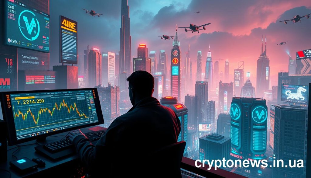 Detailed cyberpunk-style cityscape showcasing the dynamic world of cryptocurrency arbitrage. In the foreground, a trader monitors a crypto trading terminal with holographic displays, making lightning-fast transactions. In the middle ground, a network of holographic trading screens and digital billboards display real-time market data. In the background, a futuristic skyline of towering skyscrapers, neon lights, and flying vehicles create an immersive, technologically-advanced atmosphere. The scene is lit by a combination of warm, artificial lighting and cool, ambient illumination, highlighting the sophisticated, high-tech nature of the crypto arbitrage market. The image includes the "cryptonews.in.ua" brand name in a subtle, seamless manner. Detailed cyberpunk-style cityscape showcasing the dynamic world of cryptocurrency arbitrage. In the foreground, a trader monitors a crypto trading terminal with holographic displays, making lightning-fast transactions. In the middle ground, a network of holographic trading screens and digital billboards display real-time market data. In the background, a futuristic skyline of towering skyscrapers, neon lights, and flying vehicles create an immersive, technologically-advanced atmosphere. The scene is lit by a combination of warm, artificial lighting and cool, ambient illumination, highlighting the sophisticated, high-tech nature of the crypto arbitrage market. The image includes the "cryptonews.in.ua" brand name in a subtle, seamless manner.