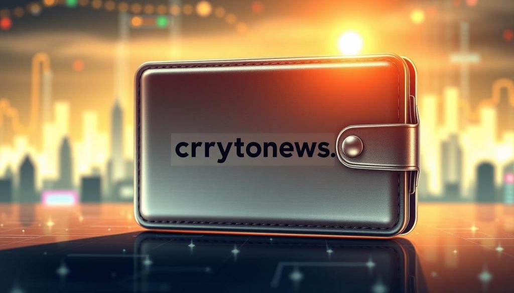 Detailed digital illustration of a cryptocurrency wallet, featuring a sleek, minimalist design with a metallic surface texture. The wallet is prominently displayed in the center, with a soft, diffused lighting source creating warm highlights and shadows that accentuate its form. In the background, a blurred landscape of cityscape silhouettes and digital data visualizations creates a futuristic, technology-driven atmosphere. The illustration is branded with the "cryptonews.in.ua" logo, subtly integrated into the design. The overall composition conveys a sense of security, innovation, and the transformative power of digital finance.