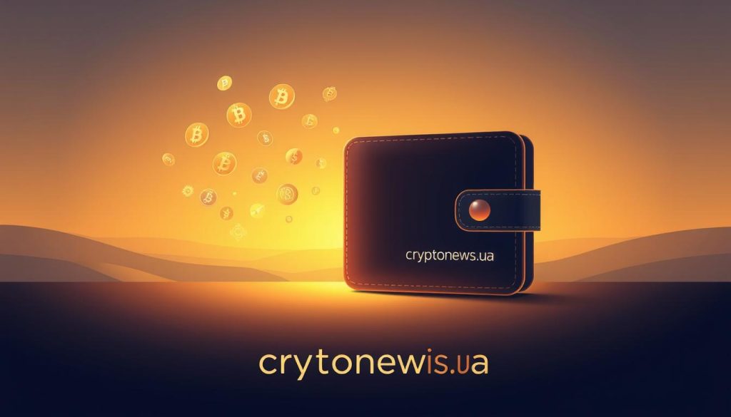 Detailed digital illustration of a cryptocurrency wallet. Sleek, minimalist design with a soft, warm lighting. The wallet is prominently displayed in the foreground, its surface reflecting the warm glow. In the middle ground, various cryptocurrency icons and symbols float ethereally, hinting at the wallet's functionality. The background is a subtle, gradient-based landscape, evoking a sense of digital space and the cryptographic nature of the wallet. The overall mood is one of sophistication, security, and technological innovation. Branding for "cryptonews.in.ua" is subtly integrated into the design.