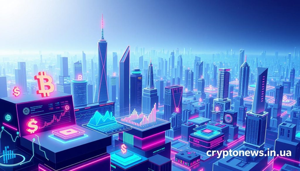Detailed digital illustration of the development of decentralized finance (DeFi) in a futuristic, high-tech environment. Set in a sleek, minimalist style with clean lines and geometric shapes. Vibrant colors like neon blues, greens, and purples accentuate the dynamic and innovative nature of DeFi. Prominent in the foreground are stylized blockchain symbols, cryptocurrency icons, and interactive financial dashboards. The middle ground features 3D-rendered data visualizations, transaction flows, and algorithmic trading interfaces. In the background, a sprawling cityscape with towering skyscrapers and a glowing, holographic skyline evokes a sense of technological progress. The overall atmosphere is one of cutting-edge innovation, seamless connectivity, and the transformative potential of DeFi. Includes the "cryptonews.in.ua" brand name. Detailed digital illustration of the development of decentralized finance (DeFi) in a futuristic, high-tech environment. Set in a sleek, minimalist style with clean lines and geometric shapes. Vibrant colors like neon blues, greens, and purples accentuate the dynamic and innovative nature of DeFi. Prominent in the foreground are stylized blockchain symbols, cryptocurrency icons, and interactive financial dashboards. The middle ground features 3D-rendered data visualizations, transaction flows, and algorithmic trading interfaces. In the background, a sprawling cityscape with towering skyscrapers and a glowing, holographic skyline evokes a sense of technological progress. The overall atmosphere is one of cutting-edge innovation, seamless connectivity, and the transformative potential of DeFi. Includes the "cryptonews.in.ua" brand name.