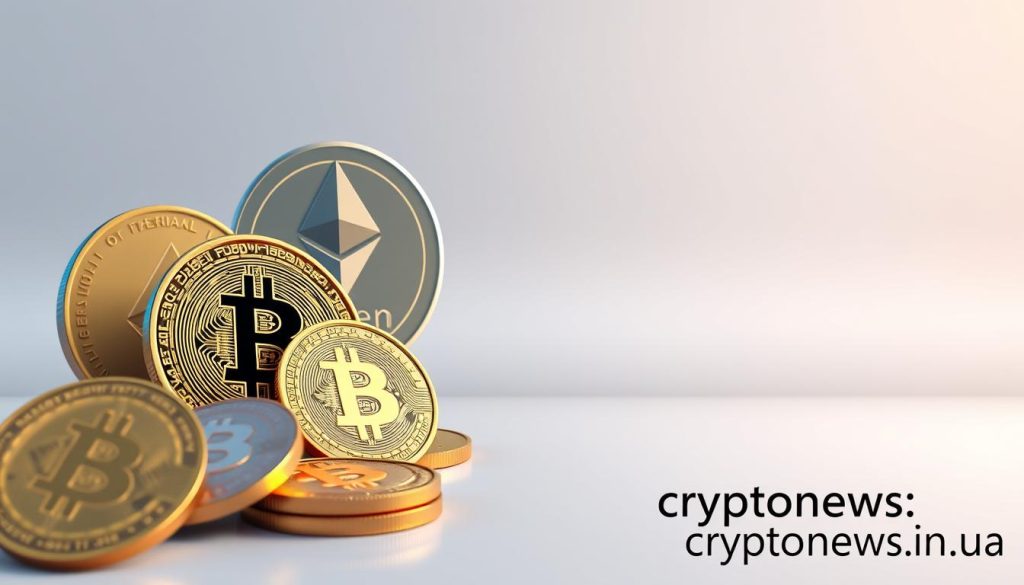 Detailed digital illustration of various cryptocurrencies, including Bitcoin, Ethereum, and Litecoin, against a minimalist backdrop. The foreground features the cryptocurrencies in intricate detail, with their unique symbols and designs. The middle ground showcases the interconnected nature of the crypto ecosystem, with lines and shapes representing blockchain technology and financial transactions. The background is a clean, futuristic space with subtle gradients and geometric patterns, conveying a sense of innovation and progress. The image has a sleek, high-tech aesthetic, with balanced lighting and a crisp, professional quality. The "cryptonews.in.ua" brand name is prominently displayed in the bottom right corner. Detailed digital illustration of various cryptocurrencies, including Bitcoin, Ethereum, and Litecoin, against a minimalist backdrop. The foreground features the cryptocurrencies in intricate detail, with their unique symbols and designs. The middle ground showcases the interconnected nature of the crypto ecosystem, with lines and shapes representing blockchain technology and financial transactions. The background is a clean, futuristic space with subtle gradients and geometric patterns, conveying a sense of innovation and progress. The image has a sleek, high-tech aesthetic, with balanced lighting and a crisp, professional quality. The "cryptonews.in.ua" brand name is prominently displayed in the bottom right corner.