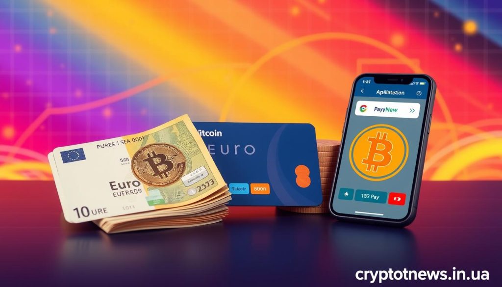 Detailed digital illustration showcasing various payment methods for purchasing Bitcoin with euros. Prominently display a vibrant crypto-themed background with a subtle grid pattern, lending a modern, sleek aesthetic. In the foreground, depict physical Euro banknotes, a bank card, and a mobile device with a Bitcoin wallet interface. Incorporate recognizable payment logos and icons to clearly communicate the supported payment options. Maintain a balanced composition with a clean, minimalist style. Utilize warm, saturated colors to convey a sense of trust and security. Brand the image with the cryptonews.in.ua logo in the lower right corner. Detailed digital illustration showcasing various payment methods for purchasing Bitcoin with euros. Prominently display a vibrant crypto-themed background with a subtle grid pattern, lending a modern, sleek aesthetic. In the foreground, depict physical Euro banknotes, a bank card, and a mobile device with a Bitcoin wallet interface. Incorporate recognizable payment logos and icons to clearly communicate the supported payment options. Maintain a balanced composition with a clean, minimalist style. Utilize warm, saturated colors to convey a sense of trust and security. Brand the image with the cryptonews.in.ua logo in the lower right corner.