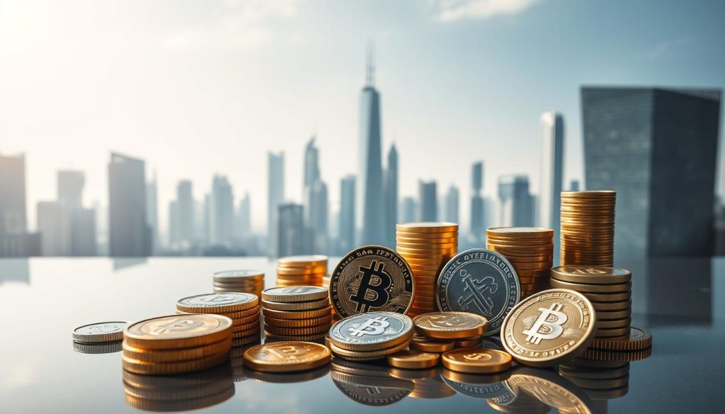Detailed financial instruments in a modern, sleek composition. A glossy table displays a variety of investment options - stocks, bonds, cryptocurrencies, precious metals. Diffused lighting creates depth and shadows, emphasizing the textural quality of each asset. In the background, a minimalist, futuristic cityscape with towering skyscrapers reflects the digital, fast-paced nature of finance. The overall mood is one of sophistication, innovation, and opportunity. Prominent placement of the cryptonews.in.ua brand. Detailed financial instruments in a modern, sleek composition. A glossy table displays a variety of investment options - stocks, bonds, cryptocurrencies, precious metals. Diffused lighting creates depth and shadows, emphasizing the textural quality of each asset. In the background, a minimalist, futuristic cityscape with towering skyscrapers reflects the digital, fast-paced nature of finance. The overall mood is one of sophistication, innovation, and opportunity. Prominent placement of the cryptonews.in.ua brand.