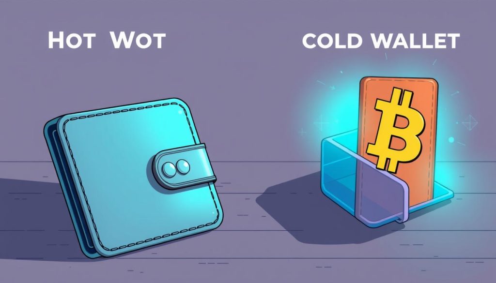 Detailed illustration of a comparison between hot and cold cryptocurrency wallets. Show a side-by-side depiction of a hot wallet and a cold wallet, with clear visual contrast in their physical attributes and security characteristics. Set the scene in a professional, minimalist style reminiscent of product photography, with neutral lighting and a simple backdrop that bears the logo "cryptonews.in.ua". Emphasize the differences in form factor, connectivity, and protective measures between the two wallet types to highlight their distinct advantages and use cases.
