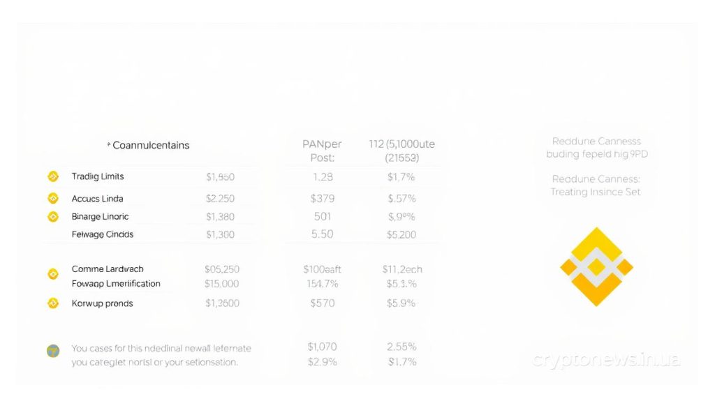 Detailed illustration of Binance's fee structure and trading limits. A clean, minimalist design showcasing key information about the various commissions and restrictions for buying and selling cryptocurrencies on the Binance exchange platform. Rendered in a technical, schematic style with precise geometric shapes, grids, and data visualizations. Subtle branding of cryptonews.in.ua in the bottom right corner. Bright, neutral color palette with muted tones to maintain a professional, informative tone. Evenly lit with soft, directional lighting to highlight the clarity of the data presentation. Detailed illustration of Binance's fee structure and trading limits. A clean, minimalist design showcasing key information about the various commissions and restrictions for buying and selling cryptocurrencies on the Binance exchange platform. Rendered in a technical, schematic style with precise geometric shapes, grids, and data visualizations. Subtle branding of cryptonews.in.ua in the bottom right corner. Bright, neutral color palette with muted tones to maintain a professional, informative tone. Evenly lit with soft, directional lighting to highlight the clarity of the data presentation.