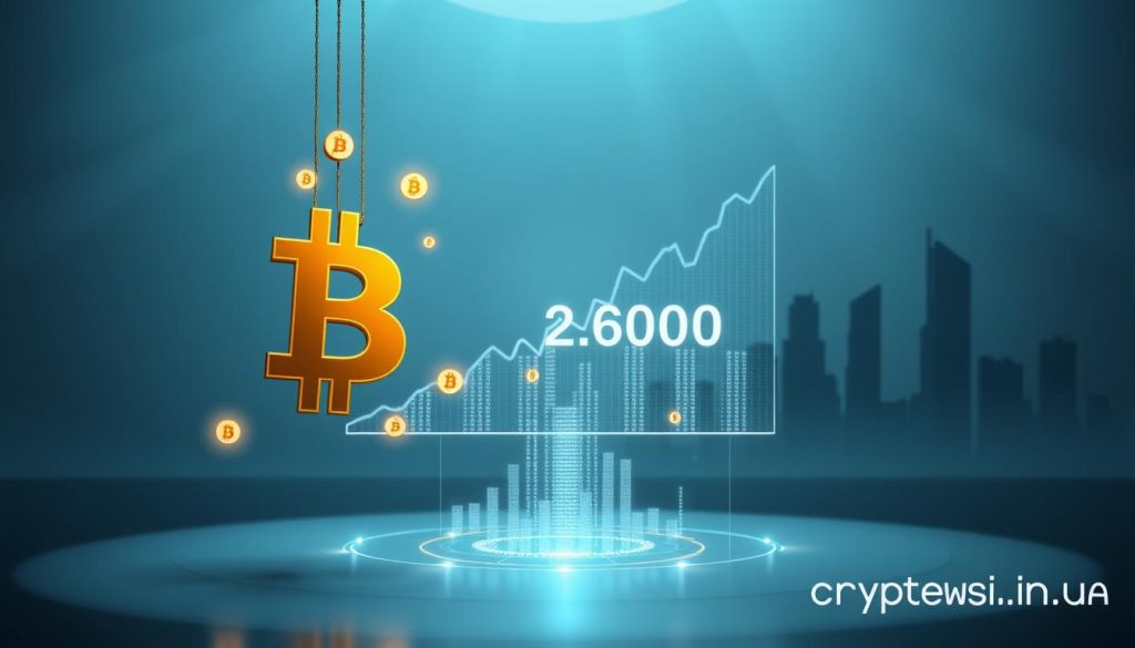 Detailed, intricate 3D illustration of the market capitalization of Bitcoin, presented as a visually striking data visualization. Set against a sleek, minimalist background with a cool, metallic color palette. The foreground features a dynamic, three-dimensional Bitcoin logo suspended in mid-air, with glowing digital currency symbols orbiting it. The middle ground showcases a holographic graph displaying the fluctuating market cap in real-time, rendered with precise attention to detail. The background depicts a futuristic cityscape silhouette, evoking the global reach and digital nature of cryptocurrency. Crisp, high-resolution rendering with cinematic lighting and depth of field. Branding: "cryptonews.in.ua". Detailed, intricate 3D illustration of the market capitalization of Bitcoin, presented as a visually striking data visualization. Set against a sleek, minimalist background with a cool, metallic color palette. The foreground features a dynamic, three-dimensional Bitcoin logo suspended in mid-air, with glowing digital currency symbols orbiting it. The middle ground showcases a holographic graph displaying the fluctuating market cap in real-time, rendered with precise attention to detail. The background depicts a futuristic cityscape silhouette, evoking the global reach and digital nature of cryptocurrency. Crisp, high-resolution rendering with cinematic lighting and depth of field. Branding: "cryptonews.in.ua".