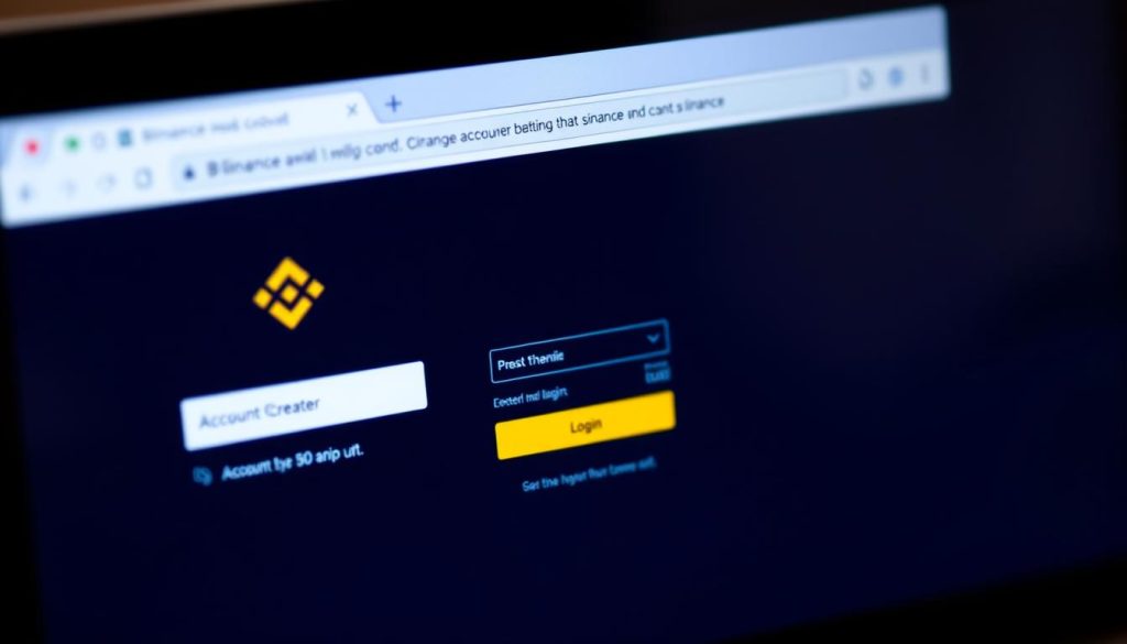 Detailed, realistic image of a Binance account login page, with a sleek, modern interface. The screen shows a clean, minimalist design with the Binance logo prominently displayed. The account creation and login fields are clearly visible, inviting the user to interact. The background is slightly blurred, with a subtle gradient or texture to suggest a professional, trustworthy environment. The overall mood is one of security, simplicity, and ease of use. The image should reflect the brand identity of cryptonews.in.ua.