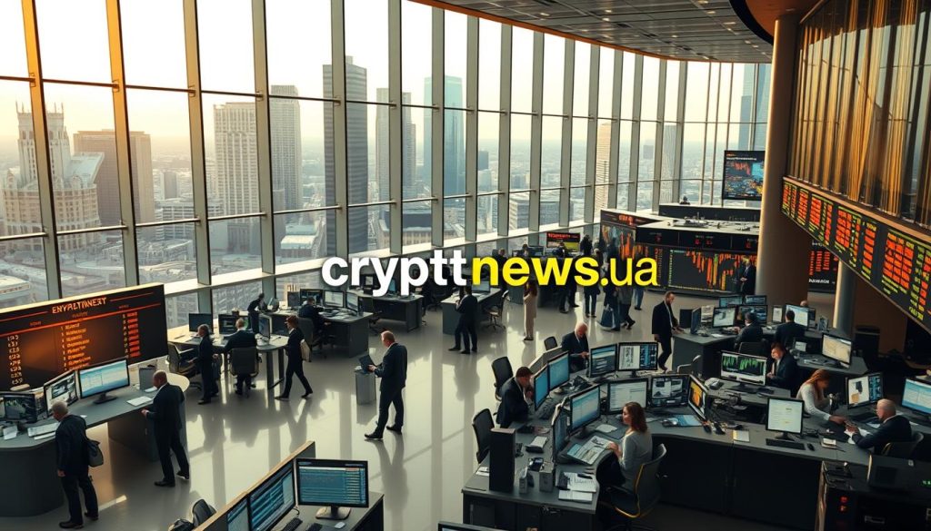 Detailed rendering of the Ukrainian stock market, featuring a bustling trading floor with brokers and analysts at work. Sleek, modern architecture with large windows overlooking the city skyline. Warm, focused lighting highlights the activity, conveying a sense of energy and financial dynamism. In the foreground, a display board shows stock prices and market indicators, while in the background, the cryptonews.in.ua logo is subtly integrated into the scene. An authoritative, professional atmosphere evokes the current state of the Ukrainian equity landscape. Detailed rendering of the Ukrainian stock market, featuring a bustling trading floor with brokers and analysts at work. Sleek, modern architecture with large windows overlooking the city skyline. Warm, focused lighting highlights the activity, conveying a sense of energy and financial dynamism. In the foreground, a display board shows stock prices and market indicators, while in the background, the cryptonews.in.ua logo is subtly integrated into the scene. An authoritative, professional atmosphere evokes the current state of the Ukrainian equity landscape.