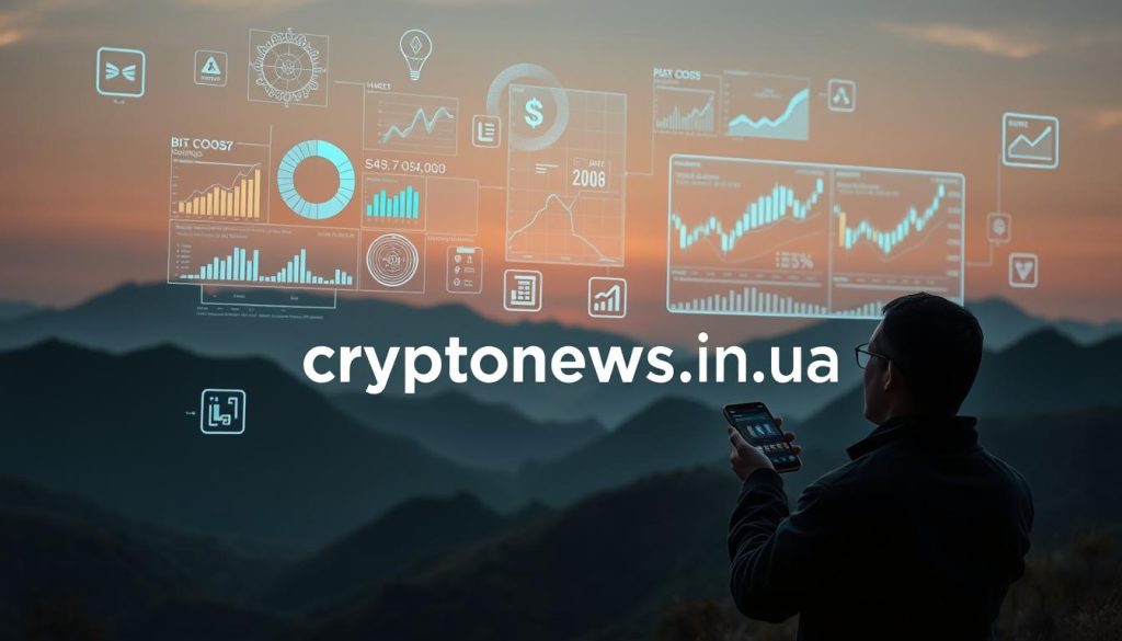 Detailed scene of cryptocurrency investment strategies. Serene, futuristic landscape with digital displays and charts floating in the air. Holographic interfaces and projections showcase various investment options, portfolios, and market data. In the foreground, a person thoughtfully examines the information, making informed decisions. Soft, atmospheric lighting creates a sense of focus and contemplation. The image should convey a balance of technology, analytics, and personal deliberation. Include the brand name "cryptonews.in.ua" seamlessly integrated into the scene. Detailed scene of cryptocurrency investment strategies. Serene, futuristic landscape with digital displays and charts floating in the air. Holographic interfaces and projections showcase various investment options, portfolios, and market data. In the foreground, a person thoughtfully examines the information, making informed decisions. Soft, atmospheric lighting creates a sense of focus and contemplation. The image should convey a balance of technology, analytics, and personal deliberation. Include the brand name "cryptonews.in.ua" seamlessly integrated into the scene.