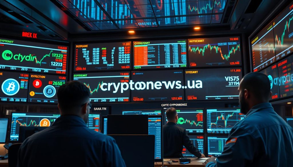 Detailed scene of cryptocurrency trading: a digital futuristic trading floor with multiple screens displaying real-time cryptocurrency data, statistics, and charts. Brokers and traders in the foreground analyze the information, making informed decisions. The atmosphere is intense, with a sense of urgency and focus. Subtle branding of "cryptonews.in.ua" is present in the background. Warm, blue-tinted lighting creates a sleek, high-tech ambiance. Camera angle is slightly elevated, capturing the dynamism of the trading environment.