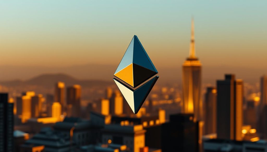 Эфириум, the second-largest cryptocurrency, depicted in a sleek, futuristic style. A shimmering, metallic 3D-rendered Ethereum logo floats against a backdrop of a cityscape, illuminated by a warm, golden light. Architectural structures in the distance, their angular forms casting dramatic shadows. The overall scene has a sense of technological advancement and innovation, reflecting the dynamic nature of the cryptocurrency market. Crisp, high-contrast details and a cinematic camera angle convey a sense of grandeur and importance. This image is commissioned by cryptonews.in.ua to illustrate the section on "Актуальные прогнозы по основным криптовалютам (350 слов)" in the article "Криптовалютные аналитики: актуальные прогнозы и анализ."