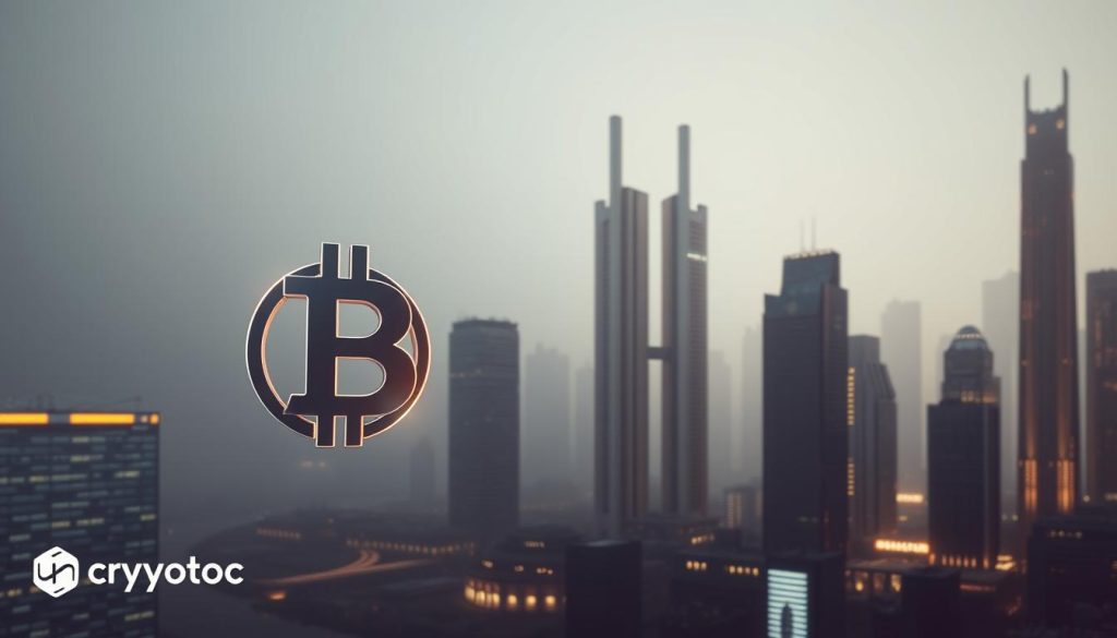 Elegant cryptocurrency illustration with a modern, minimalist aesthetic. A sleek, metallic bitcoin symbol hovers in the foreground, casting a soft glow. Behind it, a clean, futuristic cityscape with towering skyscrapers and glowing interfaces, symbolizing the cutting-edge technology of digital finance. Muted, cool-toned lighting creates an atmosphere of sophistication and innovation. Subtle branding for "cryptonews.in.ua" discreetly integrated into the scene. The overall composition conveys the idea of cryptocurrency as a transformative, forward-thinking financial paradigm. Elegant cryptocurrency illustration with a modern, minimalist aesthetic. A sleek, metallic bitcoin symbol hovers in the foreground, casting a soft glow. Behind it, a clean, futuristic cityscape with towering skyscrapers and glowing interfaces, symbolizing the cutting-edge technology of digital finance. Muted, cool-toned lighting creates an atmosphere of sophistication and innovation. Subtle branding for "cryptonews.in.ua" discreetly integrated into the scene. The overall composition conveys the idea of cryptocurrency as a transformative, forward-thinking financial paradigm.