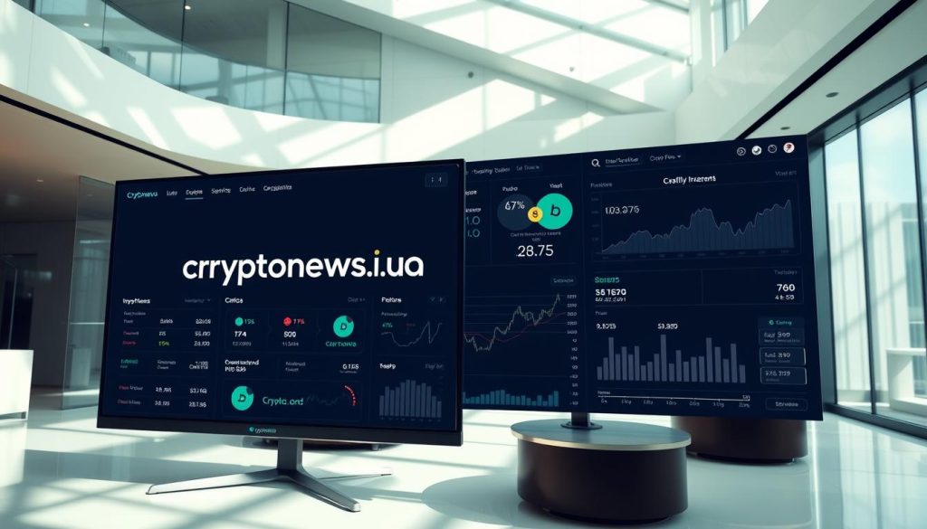 Elegant modern financial platform with clean minimalist design, featuring a variety of passive investment opportunities. Bright airy atmosphere with natural lighting and soft shadows. Sleek user interface showcasing investment options, portfolio management tools, and seamless user experience. In the foreground, a large monitor displays the "cryptonews.in.ua" brand logo against a neutral background. The middle ground features interactive charts, graphs, and performance data. The background incorporates architectural elements like glass walls and refined furniture to convey a professional, trustworthy investment environment. Elegant modern financial platform with clean minimalist design, featuring a variety of passive investment opportunities. Bright airy atmosphere with natural lighting and soft shadows. Sleek user interface showcasing investment options, portfolio management tools, and seamless user experience. In the foreground, a large monitor displays the "cryptonews.in.ua" brand logo against a neutral background. The middle ground features interactive charts, graphs, and performance data. The background incorporates architectural elements like glass walls and refined furniture to convey a professional, trustworthy investment environment.