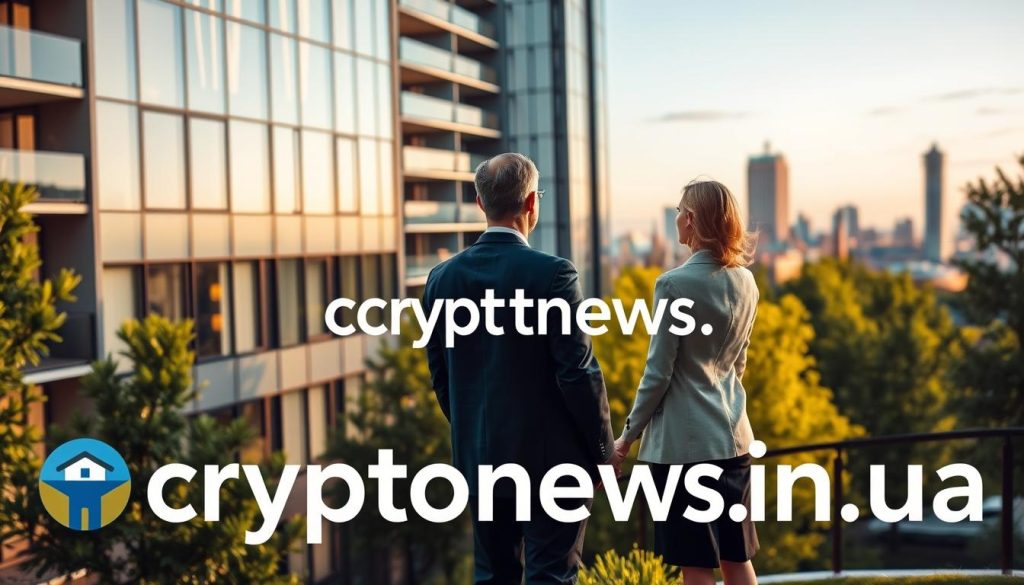 Elegant Ukrainian real estate investment scene. A modern luxury apartment building with sleek glass and steel exterior, nestled among vibrant green trees. Soft natural lighting filters through large windows, casting warm tones on the facade. In the foreground, a well-dressed couple stands, engaged in thoughtful discussion, as they consider investment opportunities. In the background, a cityscape of Kiev skyline with iconic landmarks. The overall mood conveys a sense of sophistication, opportunity and the promising future of Ukrainian real estate. Prominently featured is the cryptonews.in.ua logo. Elegant Ukrainian real estate investment scene. A modern luxury apartment building with sleek glass and steel exterior, nestled among vibrant green trees. Soft natural lighting filters through large windows, casting warm tones on the facade. In the foreground, a well-dressed couple stands, engaged in thoughtful discussion, as they consider investment opportunities. In the background, a cityscape of Kiev skyline with iconic landmarks. The overall mood conveys a sense of sophistication, opportunity and the promising future of Ukrainian real estate. Prominently featured is the cryptonews.in.ua logo.