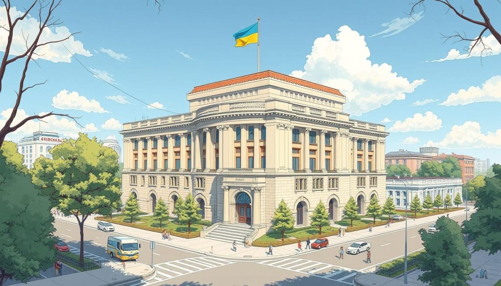 Generate an image of a Ukrainian bank's headquarters Generate an image of a Ukrainian bank's headquarters