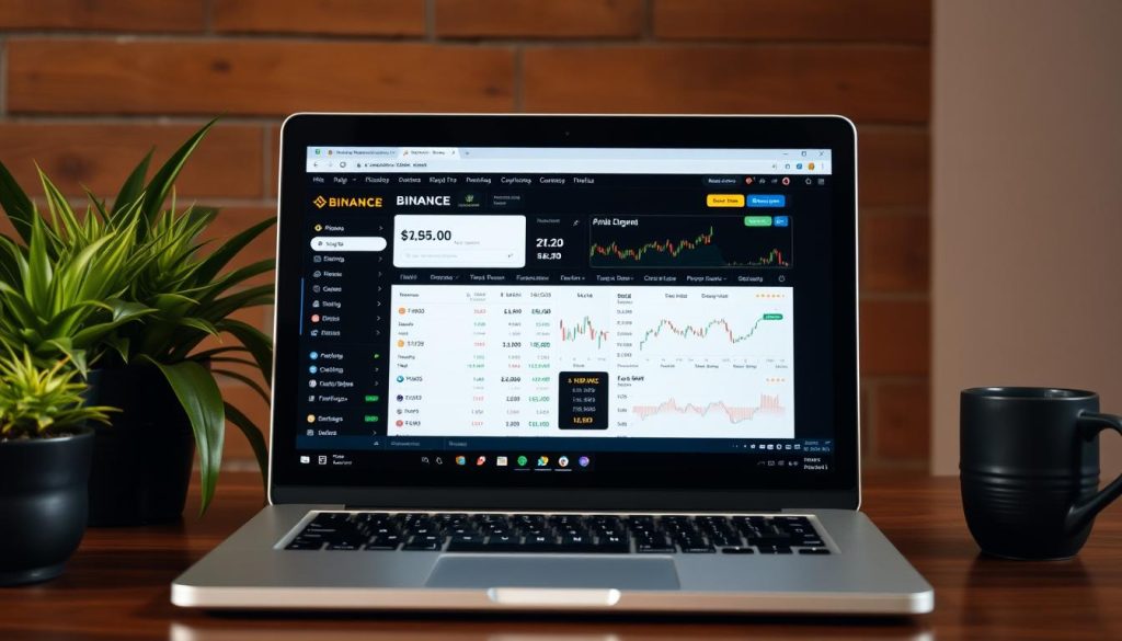 Generate an image of the Binance platform's main page on a laptop screen Generate an image of the Binance platform's main page on a laptop screen