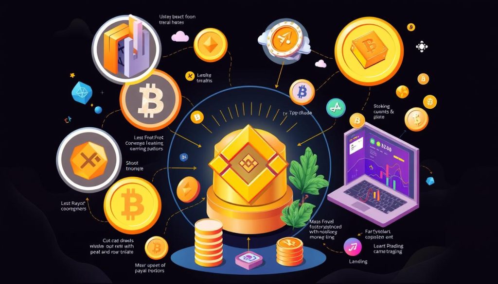 Generate an image representing various cryptocurrency earning opportunities on Binance Generate an image representing various cryptocurrency earning opportunities on Binance