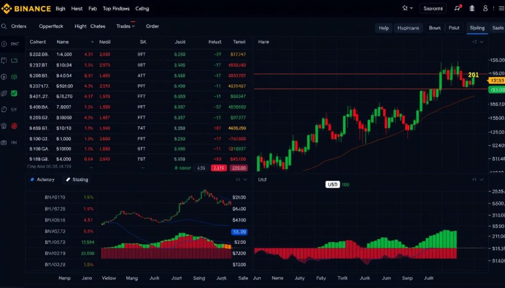 Интерфейс торговой платформы Binance с графиками и ордерами