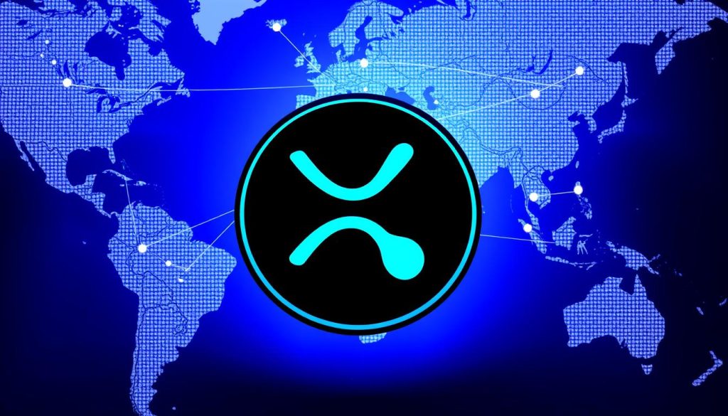 Изображение: логотип XRP на фоне карты мира с линиями транзакций