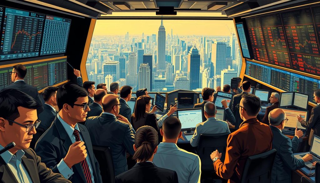 Participants of the currency market, a diverse group of individuals and institutions engaged in the dynamic world of foreign exchange trading. In the foreground, a mosaic of traders, analysts, and investors intently monitoring screens, their expressions focused and decisive. In the middle ground, a bustling exchange floor, with brokers gesticulating and communicating through complex signals. In the background, a panoramic view of the city skyline, reflecting the global scale and interconnectedness of the forex market. The scene is illuminated by warm, natural lighting, capturing the intensity and energy of the currency trading environment. Rendered in the distinctive style of cryptonews.in.ua. Participants of the currency market, a diverse group of individuals and institutions engaged in the dynamic world of foreign exchange trading. In the foreground, a mosaic of traders, analysts, and investors intently monitoring screens, their expressions focused and decisive. In the middle ground, a bustling exchange floor, with brokers gesticulating and communicating through complex signals. In the background, a panoramic view of the city skyline, reflecting the global scale and interconnectedness of the forex market. The scene is illuminated by warm, natural lighting, capturing the intensity and energy of the currency trading environment. Rendered in the distinctive style of cryptonews.in.ua.